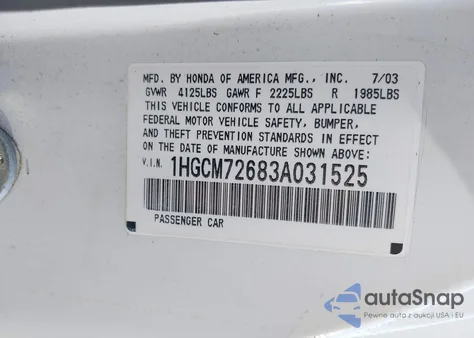 2003 Honda Accord 2.4 Ex from USA, damaged, VIN 1HGCM72683A031525